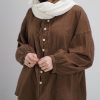 شومیز آستین بلند قهوه با پارچه لینن پفکی