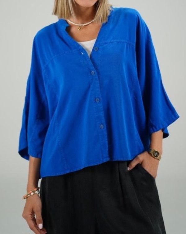 ago_blue_shirt شومیز سیلک آستین سه ربع یقه هفت آبی