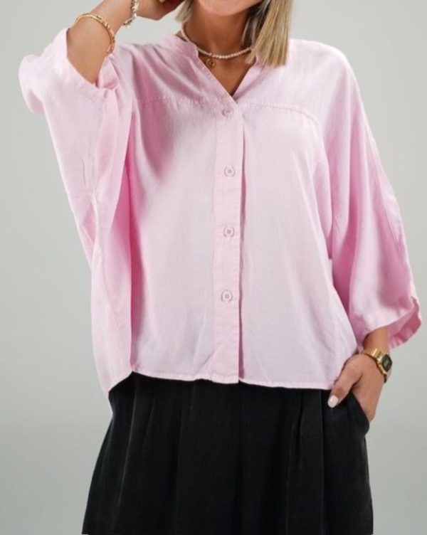 ago_pink_shirt شومیز صورتی پاستیلی سیلک آستین سه ربع